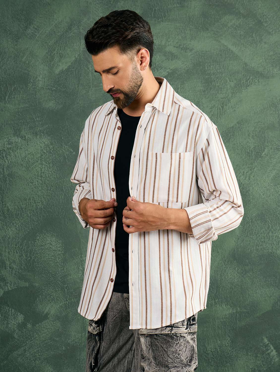 men striped collared loose fit shirt - 21986238 -  Standard Image - 1