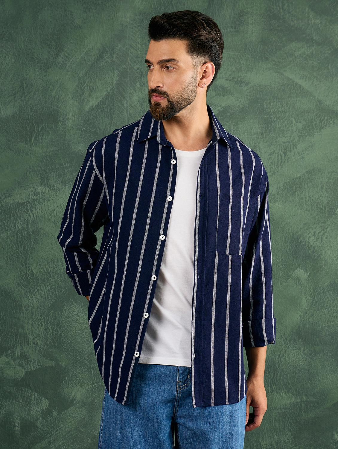 men navy blue striped collared loose fit shirt - 21986239 -  Standard Image - 1