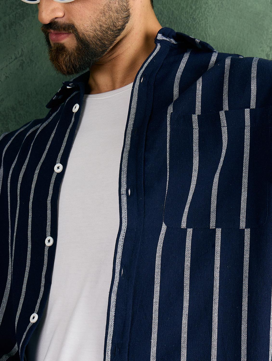 men navy blue striped collared loose fit shirt - 21986239 - Standard Image - 4
