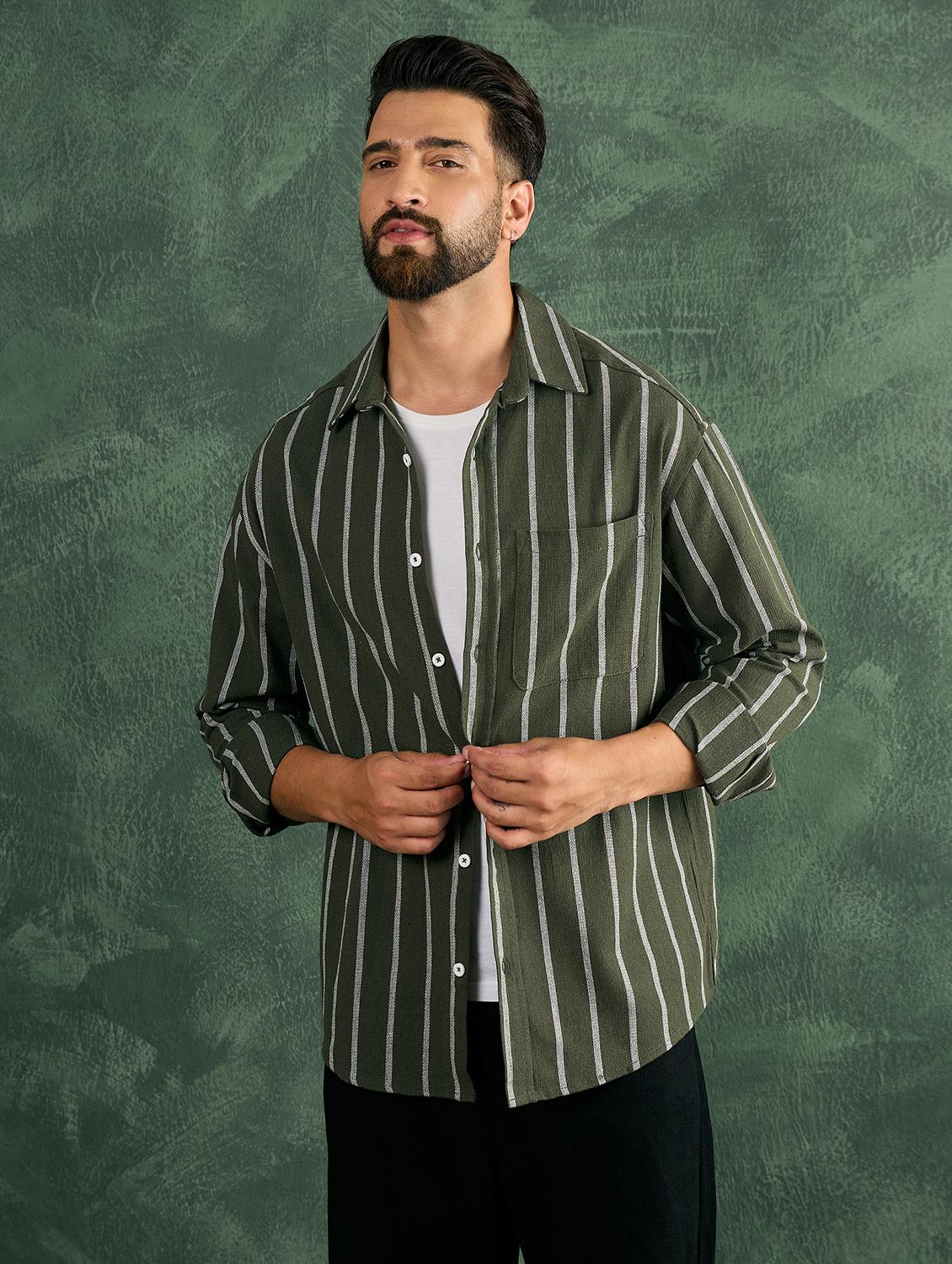 men olive striped collared loose fit shirt - 21986240 - Standard Image - 1