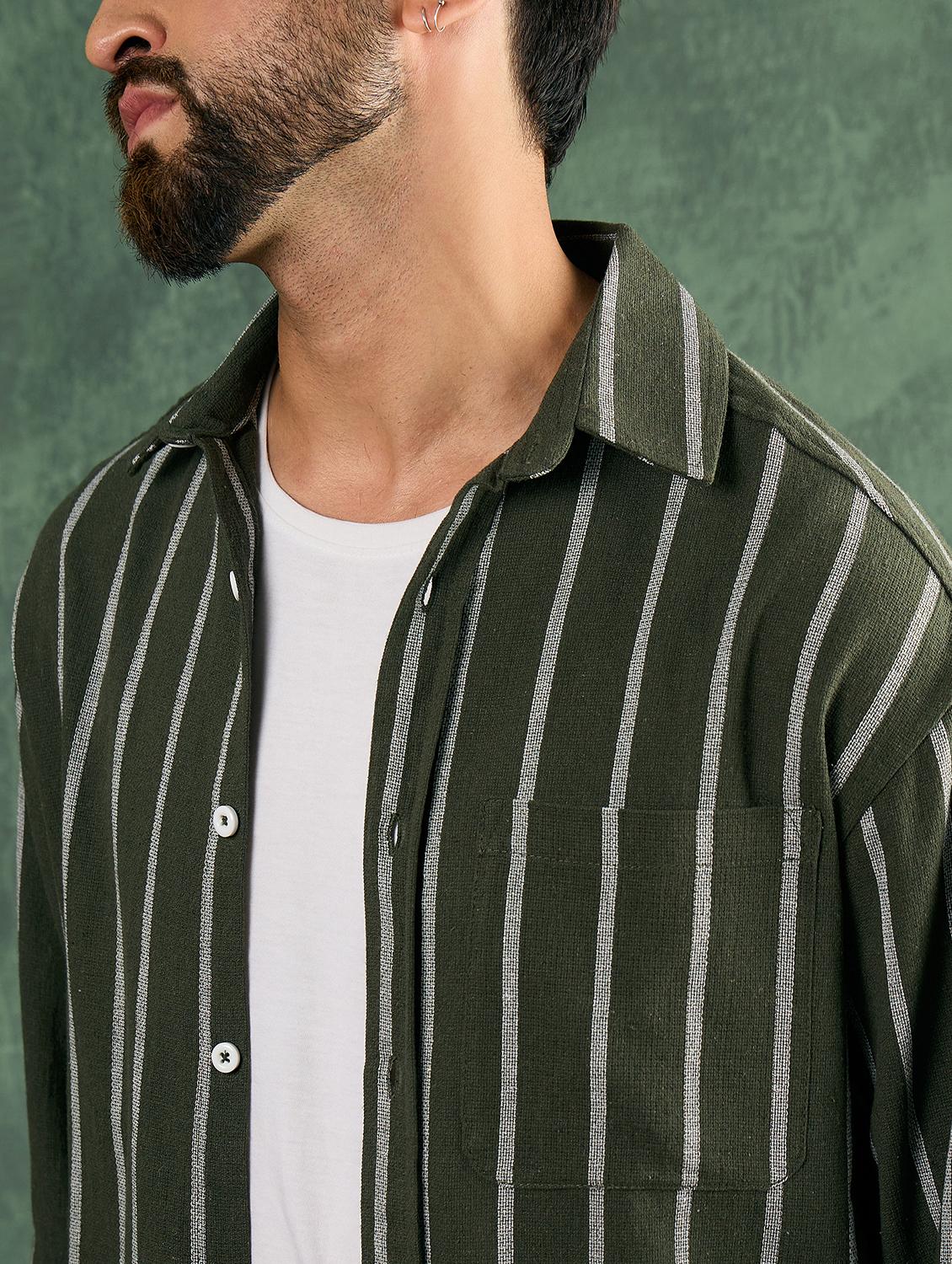 men olive striped collared loose fit shirt - 21986240 - Standard Image - 4