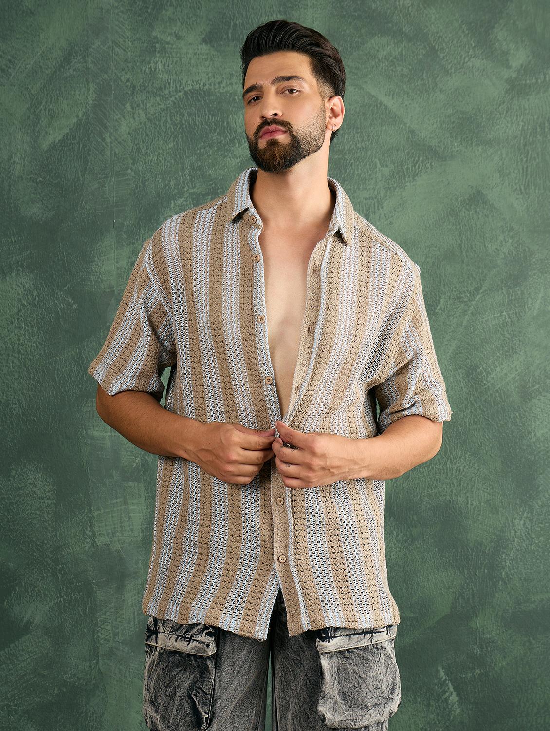 men striped textuered collared loose fit shirt - 21986242 - Standard Image - 1