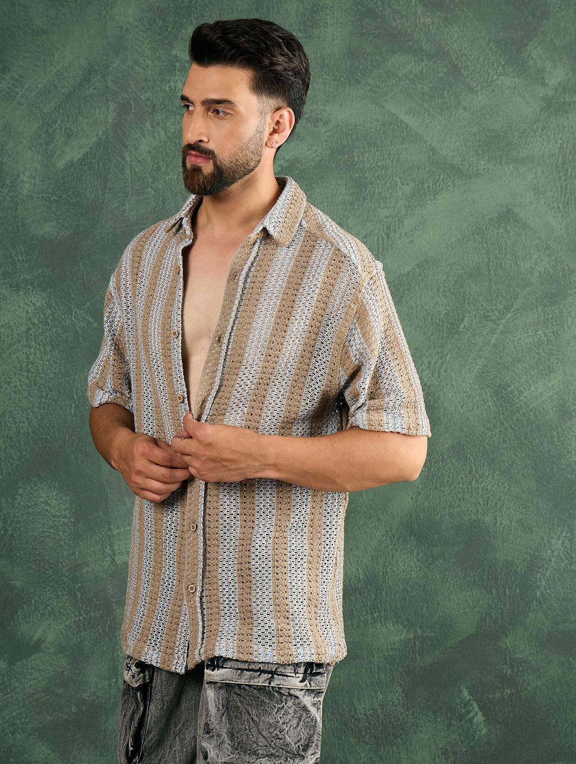 men striped textuered collared loose fit shirt - 21986242 - Standard Image - 4