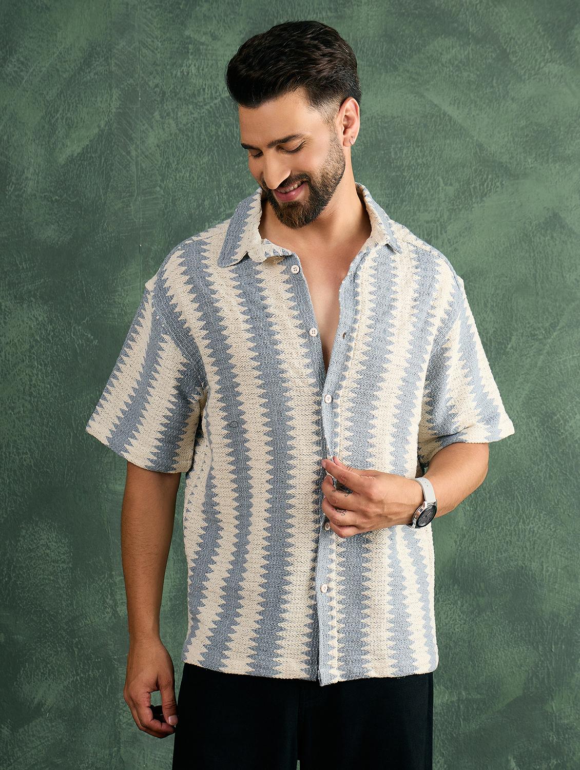 men striped textured collared loose fit shirt - 21986243 -  Standard Image - 1