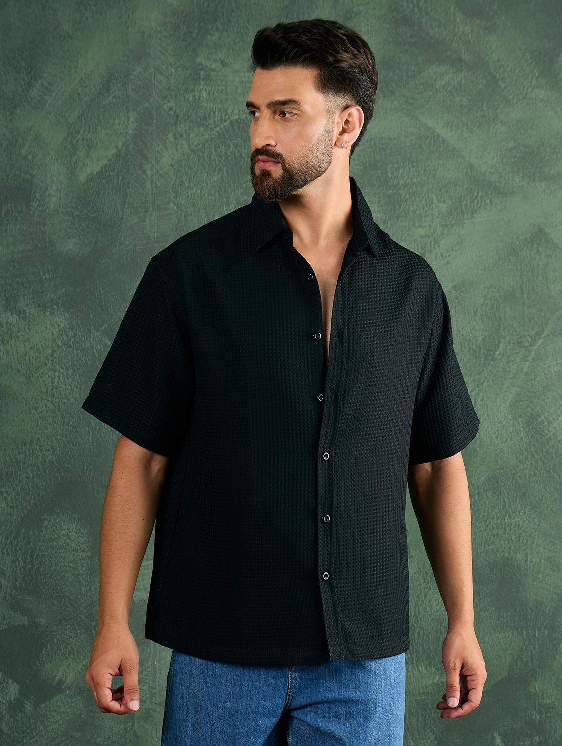 men black textuerd collared oversize shirt - 21986244 - Standard Image - 1