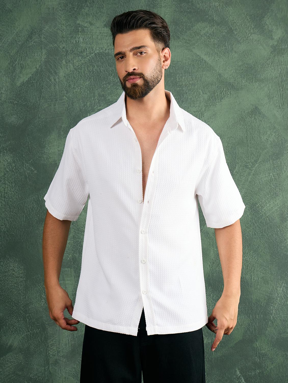 men white textured short sleeve oversized shirt - 21986245 - Standard Image - 1