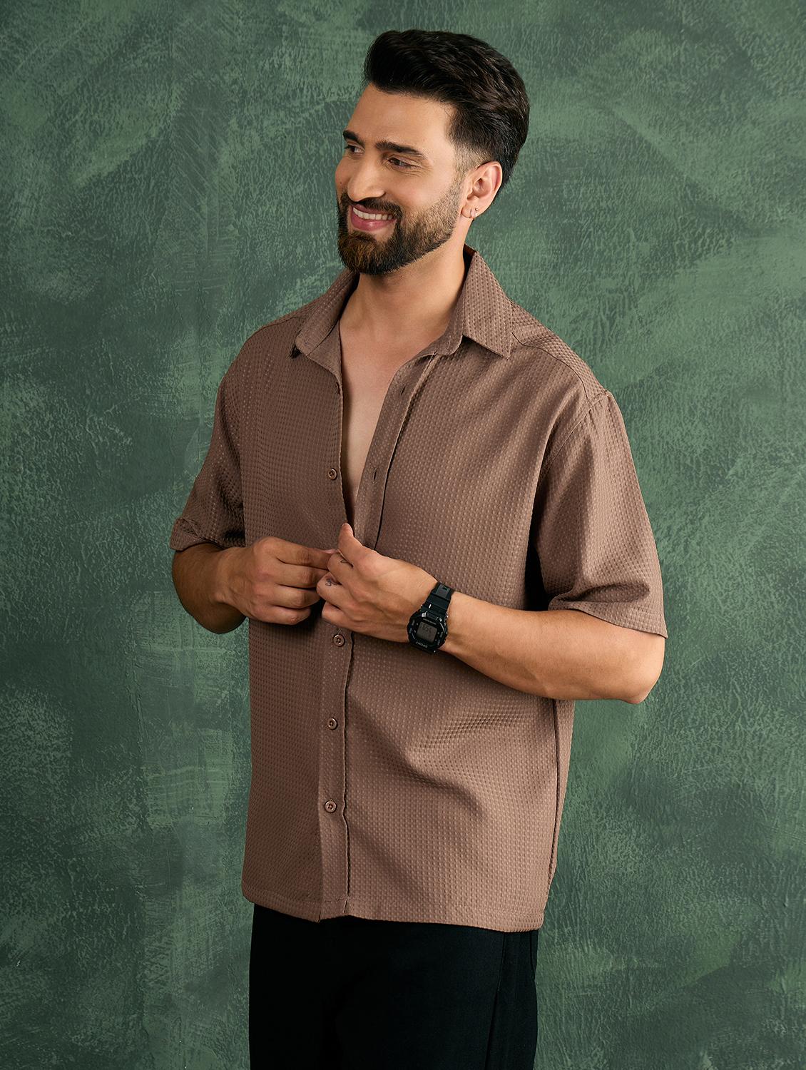 men brown textured short sleeve oversized shirt - 21986246 - Standard Image - 1