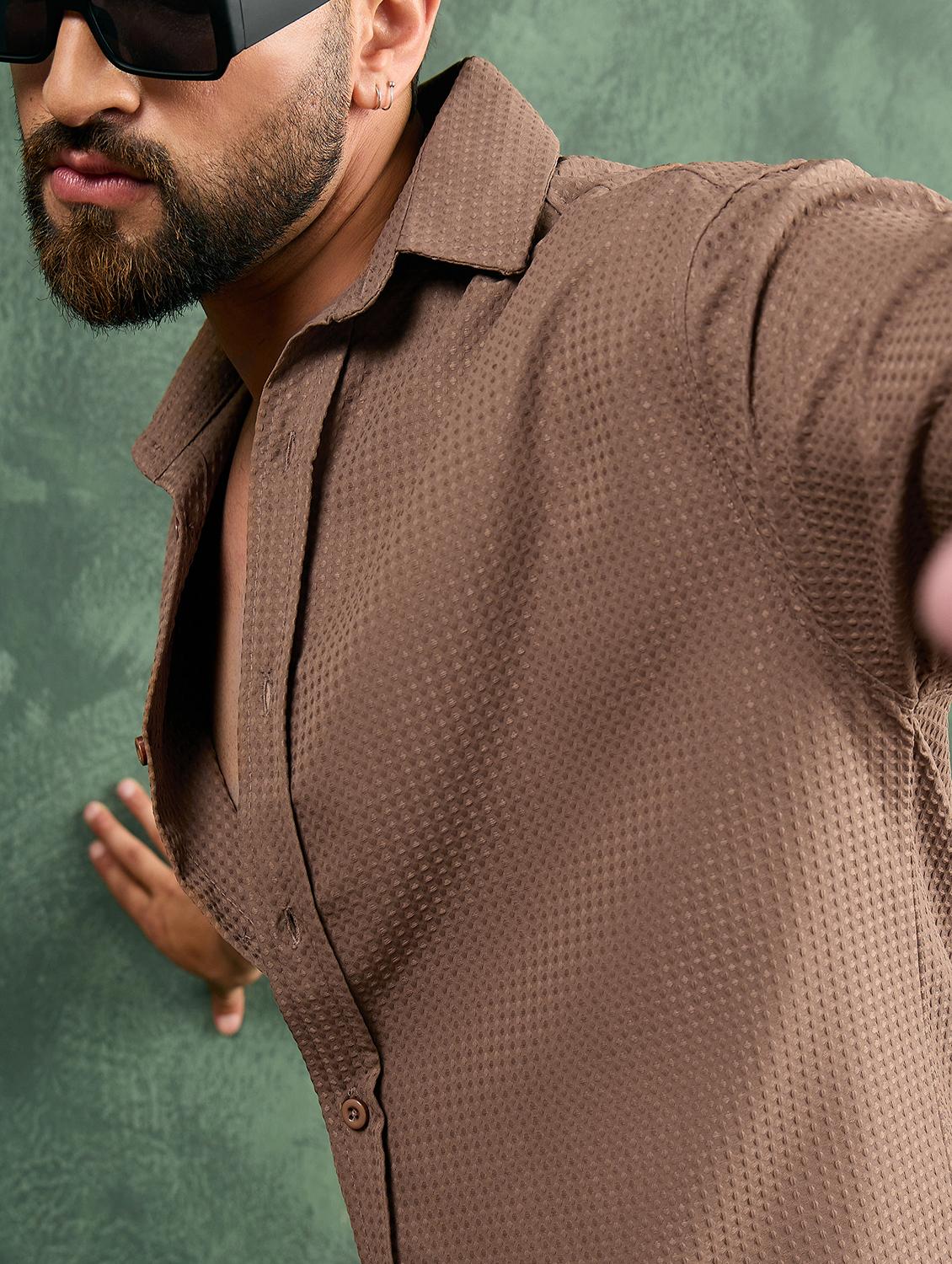 men brown textured short sleeve oversized shirt - 21986246 - Standard Image - 4