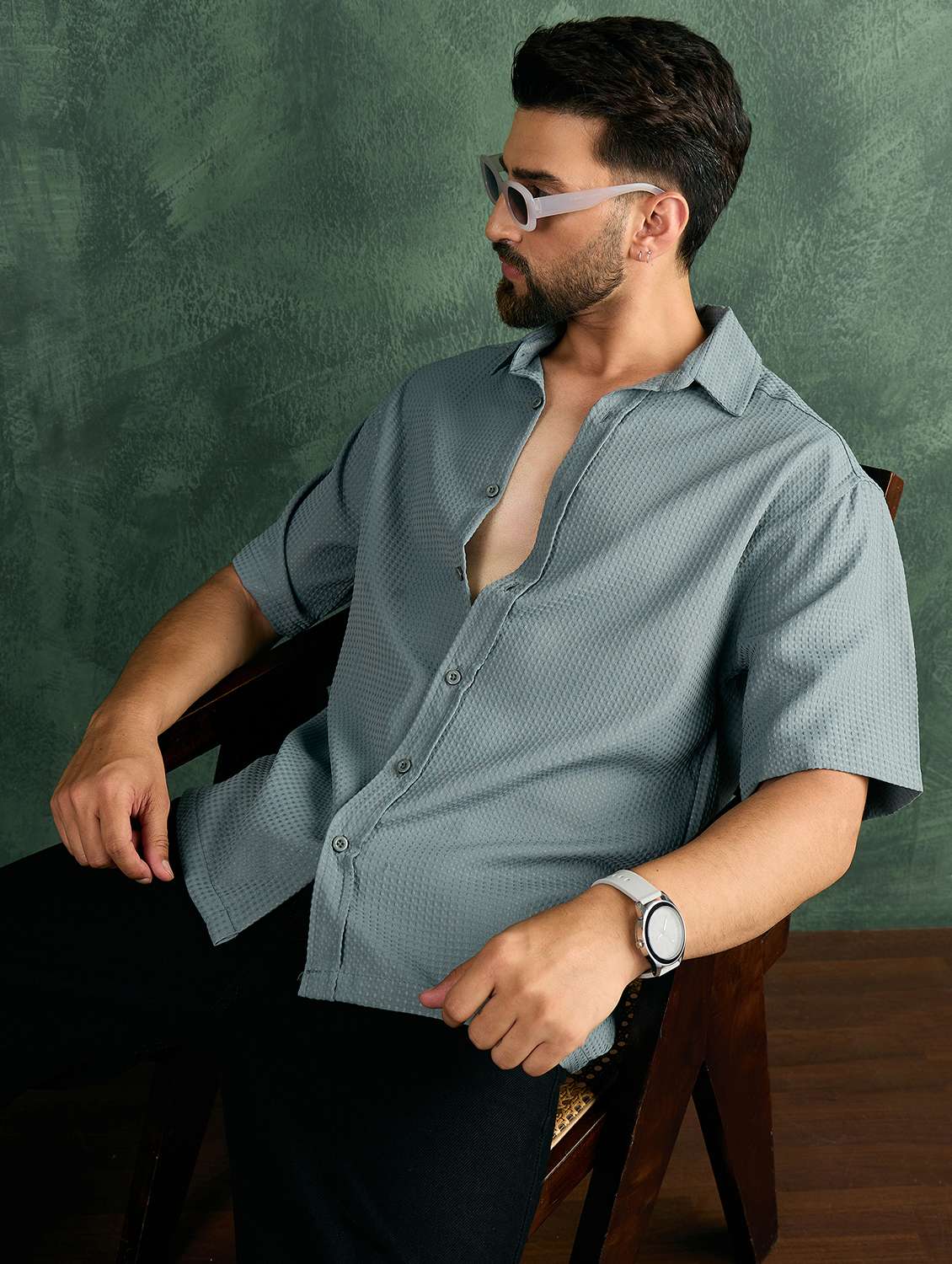 men textuered short sleeve oversize shirt