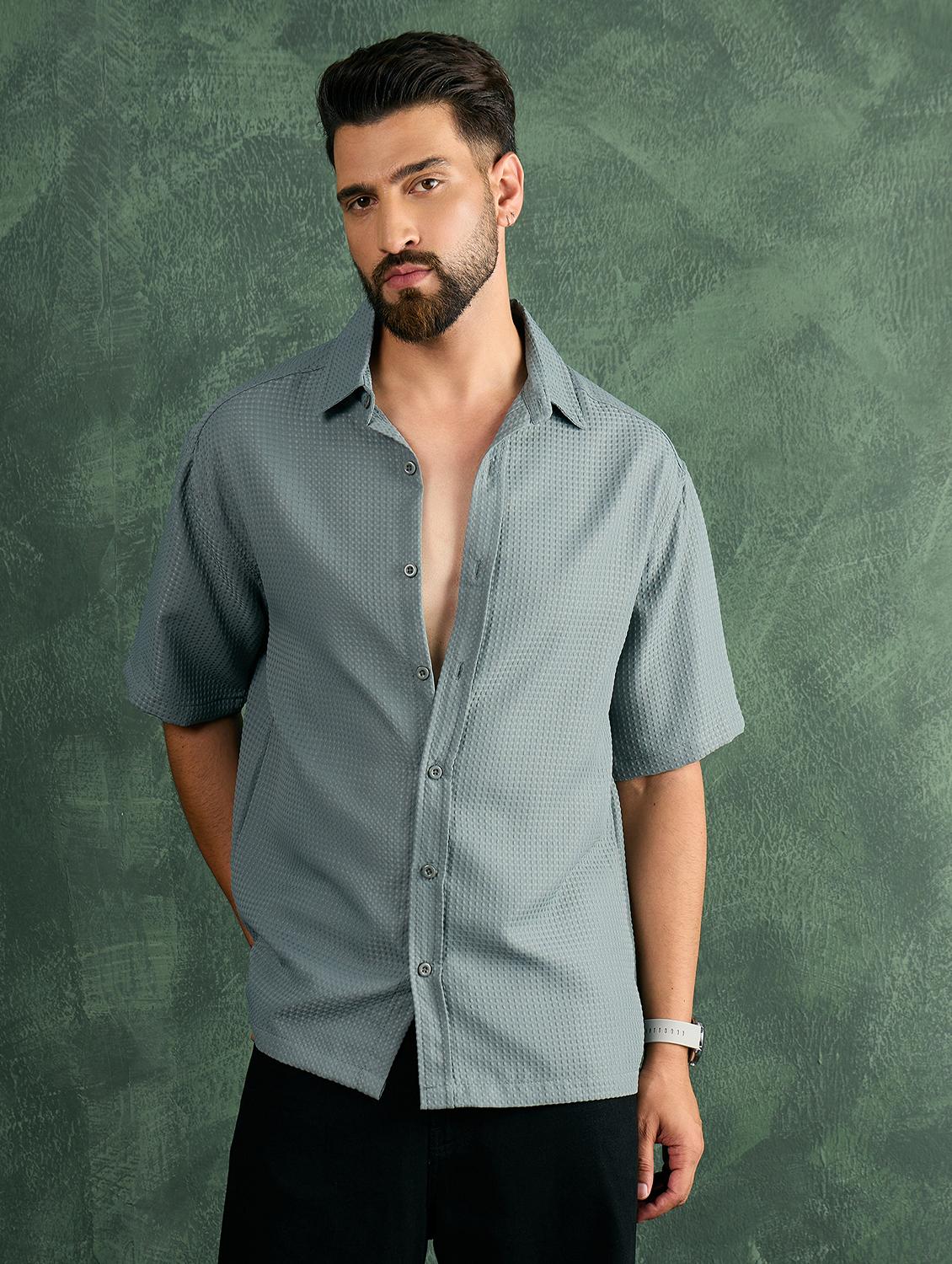 men textuered short sleeve oversize shirt - 21986247 - Standard Image - 1