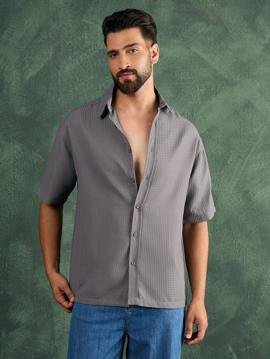 men grey textured short sleeve oversized shirt - 21986249 - Standard Image - 1