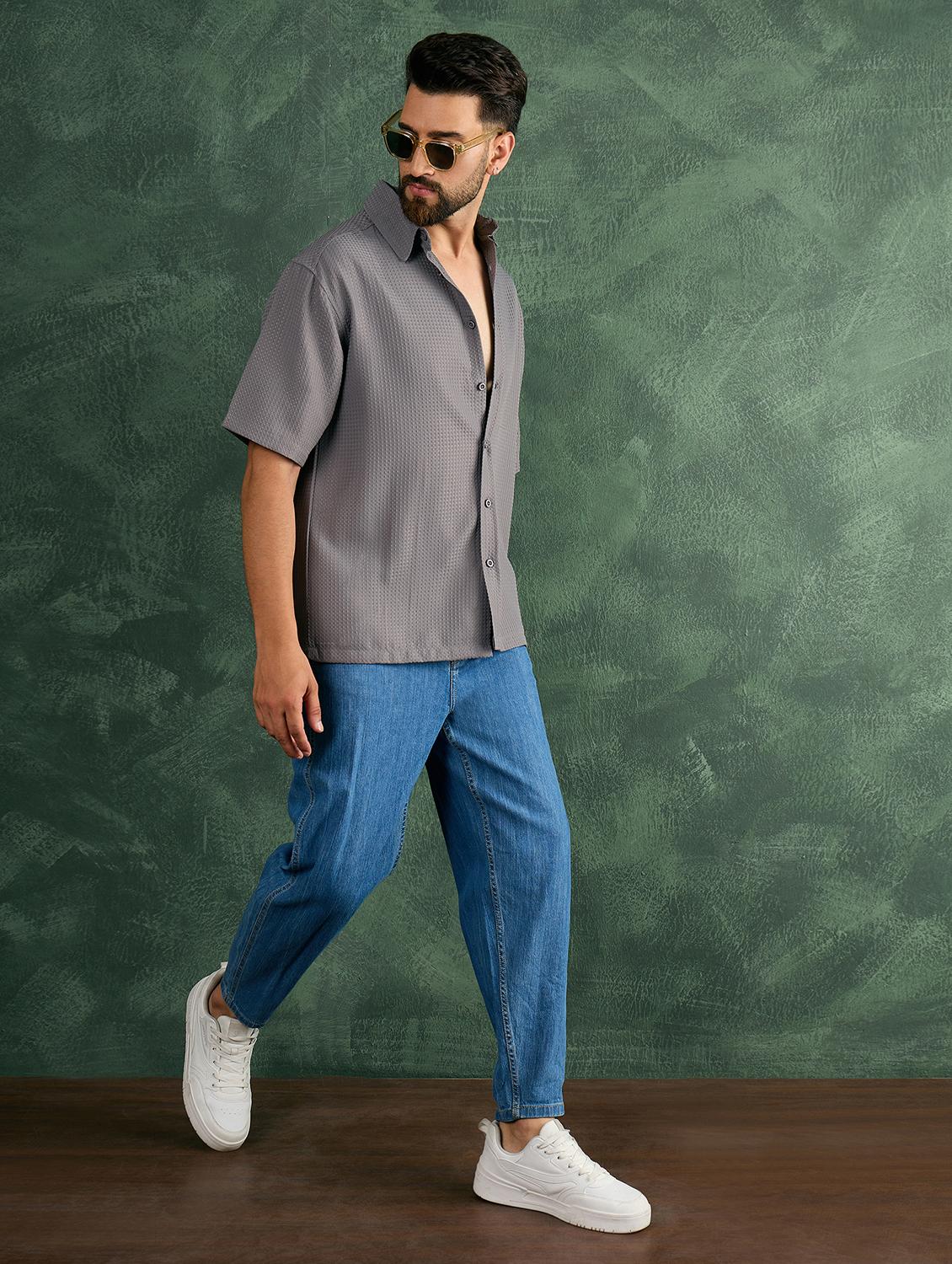men grey textured short sleeve oversized shirt - 21986249 - Standard Image - 4
