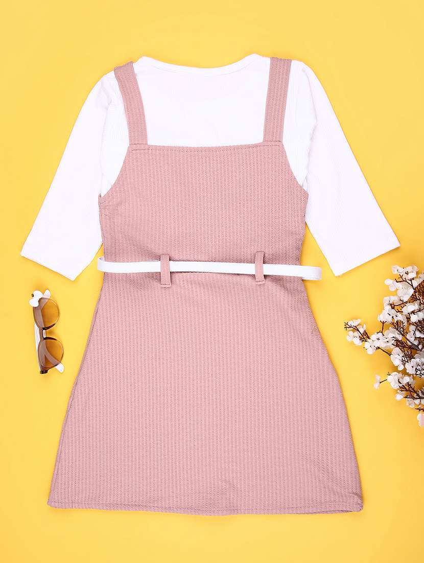 girls solid three quarter sleeve dungaree dress - 21986342 -  Standard Image - 1