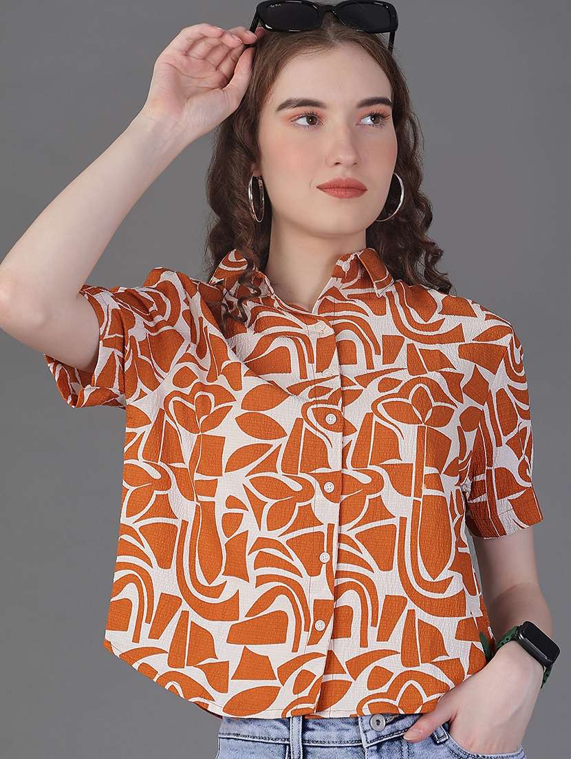 women printed collared short sleeve boxy shirt - 21986493 -  Standard Image - 1