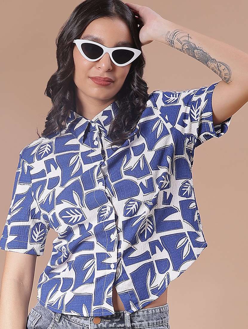 women printed collared short sleeve boxy shirt