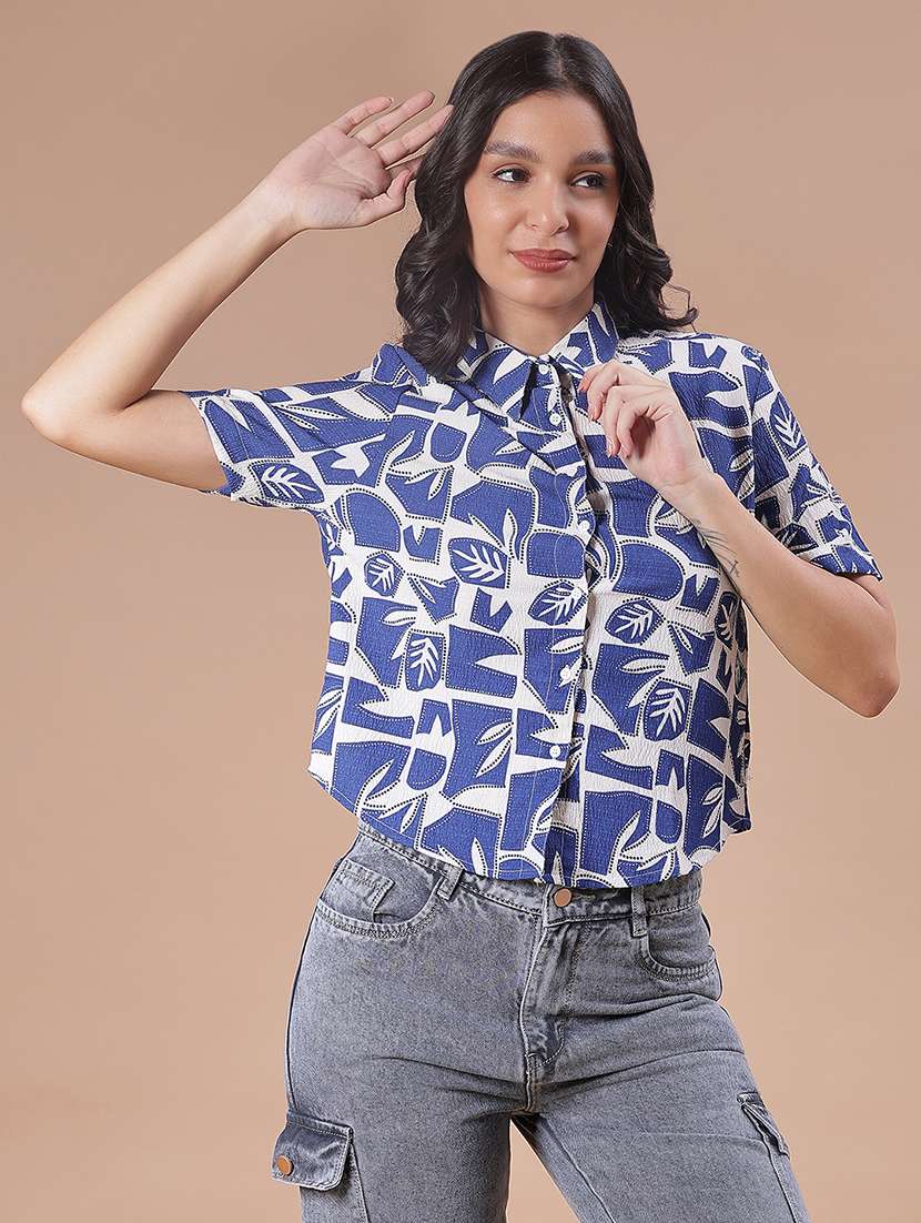women printed collared short sleeve boxy shirt - 21986494 -  Standard Image - 1