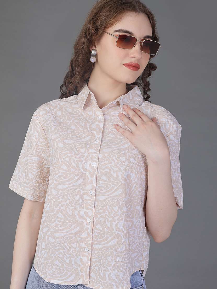 women printed short sleeve collared boxy shirt