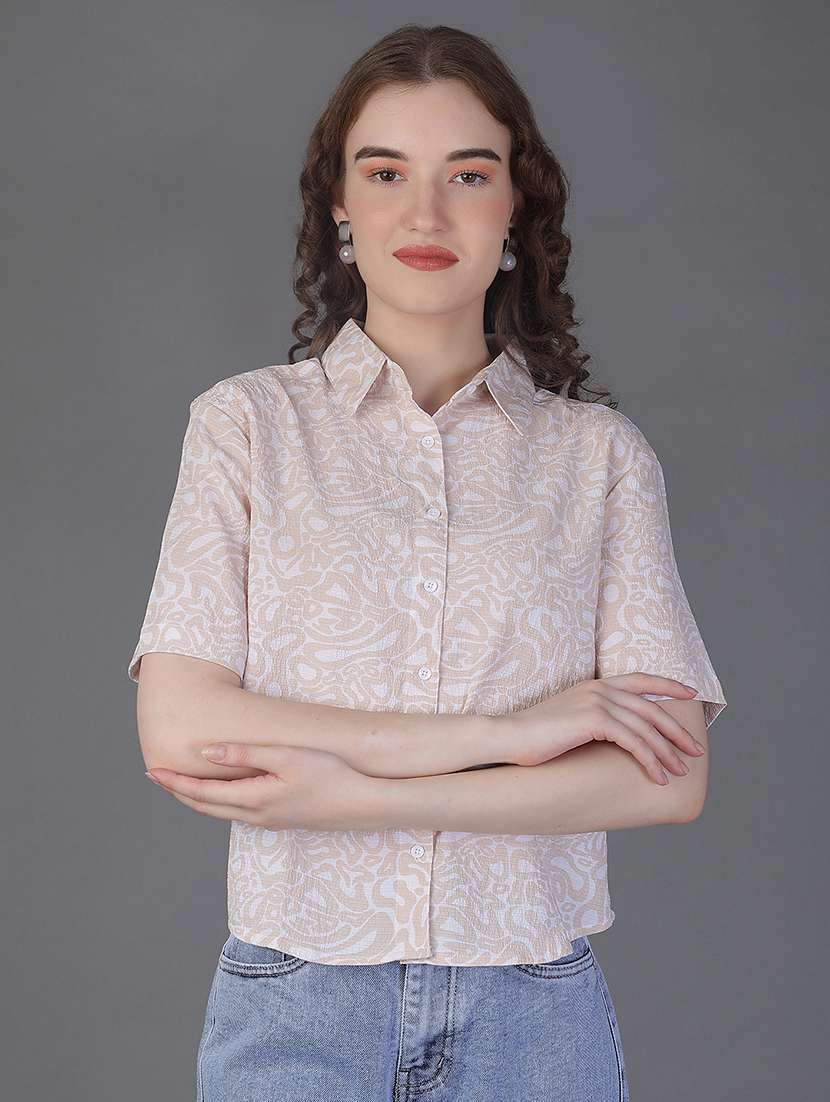 women printed short sleeve collared boxy shirt - 21986495 -  Standard Image - 1