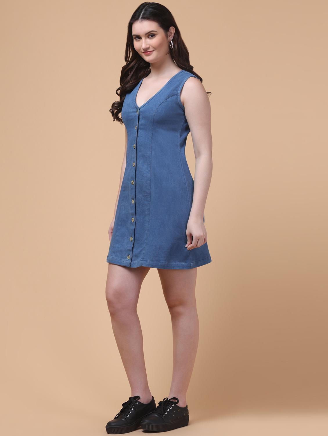 women solid sleeveless a-line denim dress - 21986574 - Standard Image - 1