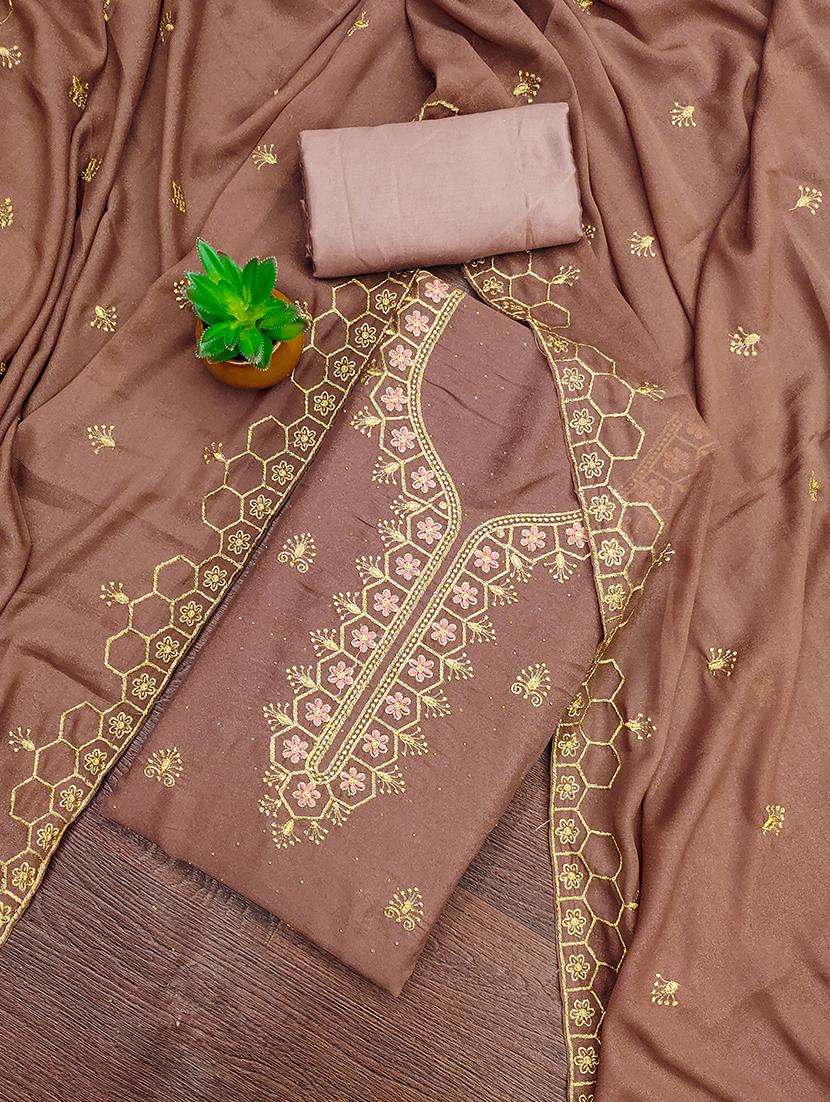 women solid with work embroidered unstitched suit set - 21986670 - Standard Image - 1