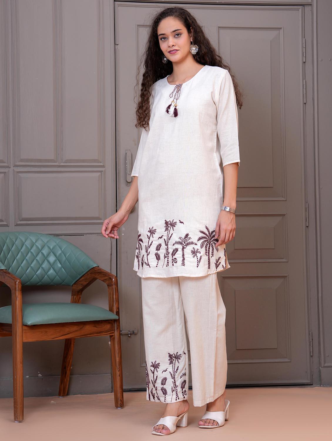 women white embroidered tie-up neck co-ord set - 21986707 - Standard Image - 1