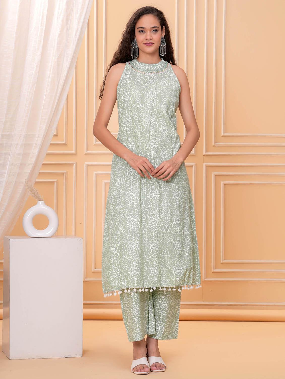 women bandhani print halter neck kurta and pant set - 21986786 -  Standard Image - 1