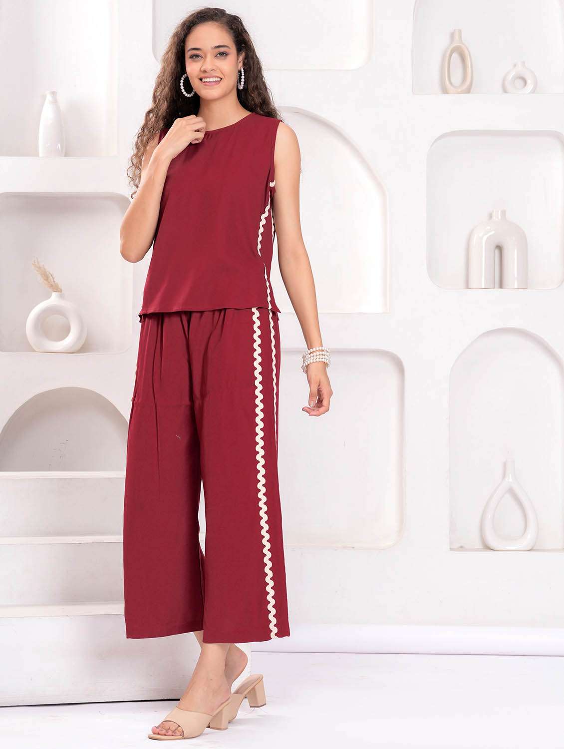 women solid sleeveless top and trouser co-ord set - 21986798 - Standard Image - 1