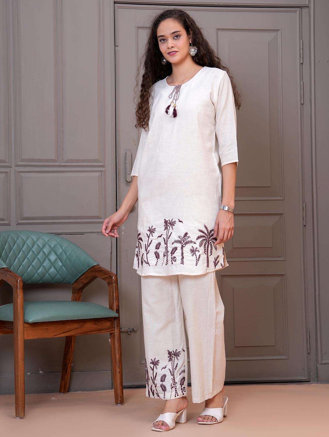 women white embroidered tie-up neck co-ord set - 21986800 -  Standard Image - 1