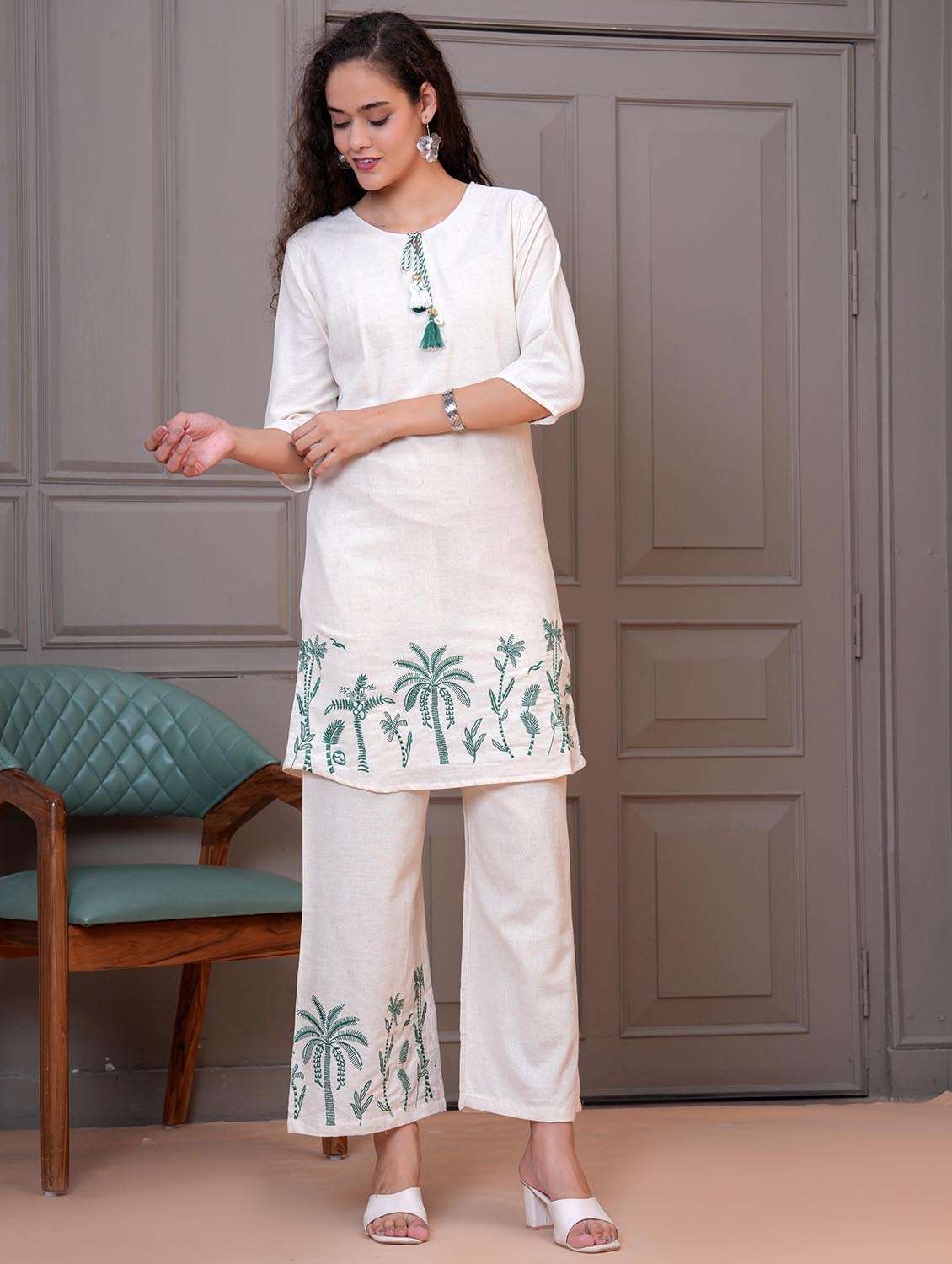 women white embroidered tie-up neck co-ord set - 21986801 -  Standard Image - 1