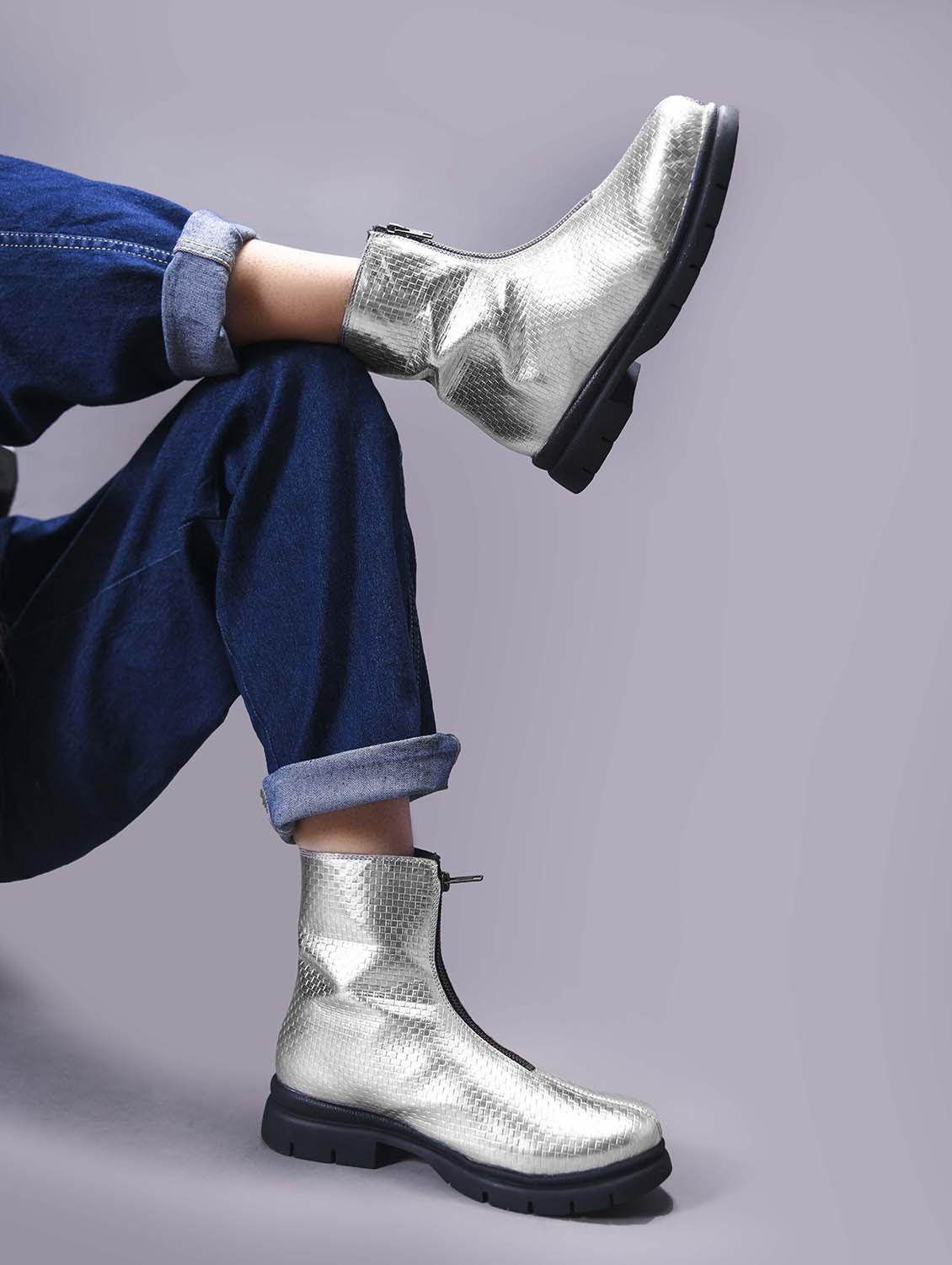 women silver textured ankle length boots - 21986868 -  Standard Image - 1