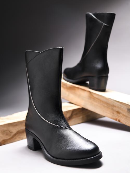 women black solid block heel  calf length boots - 21986869 -  Standard Image - 0
