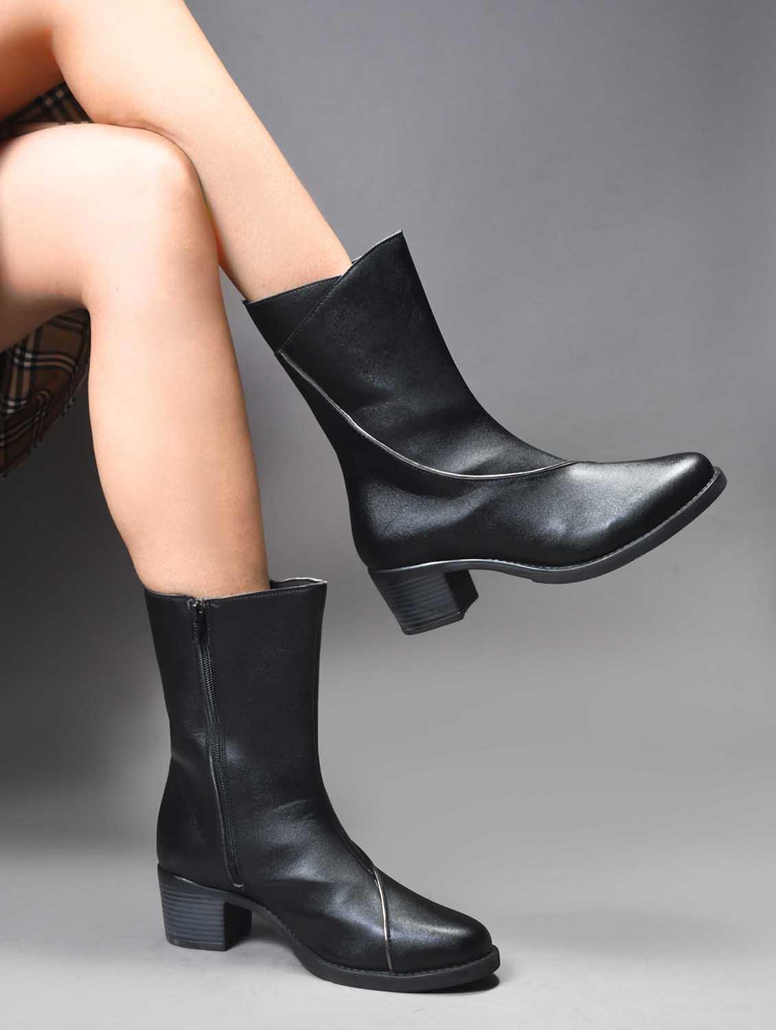 women black solid block heel  calf length boots - 21986869 -  Standard Image - 1