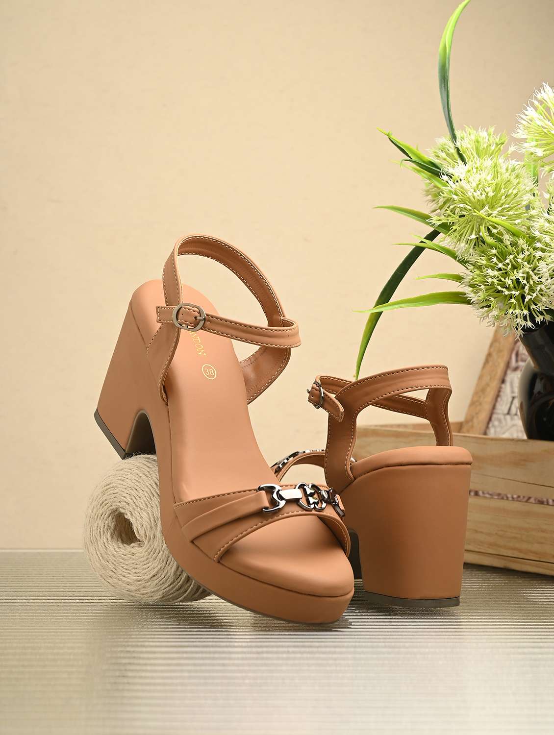women tan ankle strap block heels