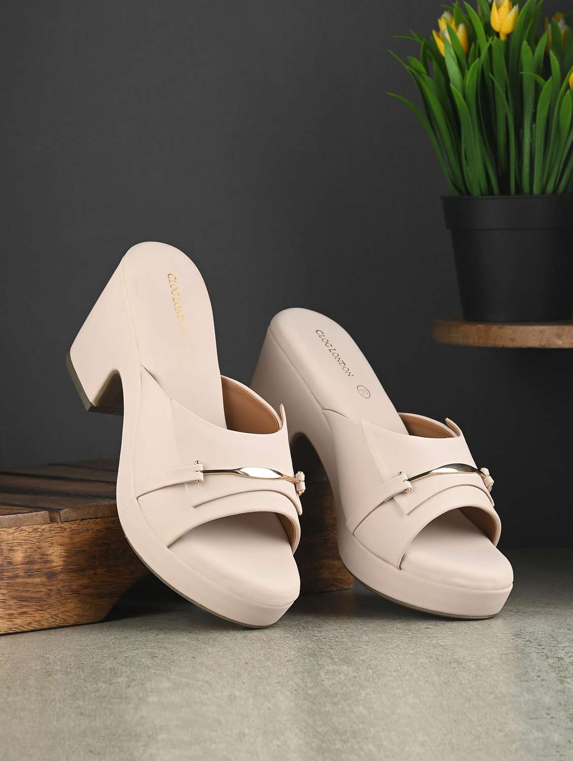 women cream slip on block heels