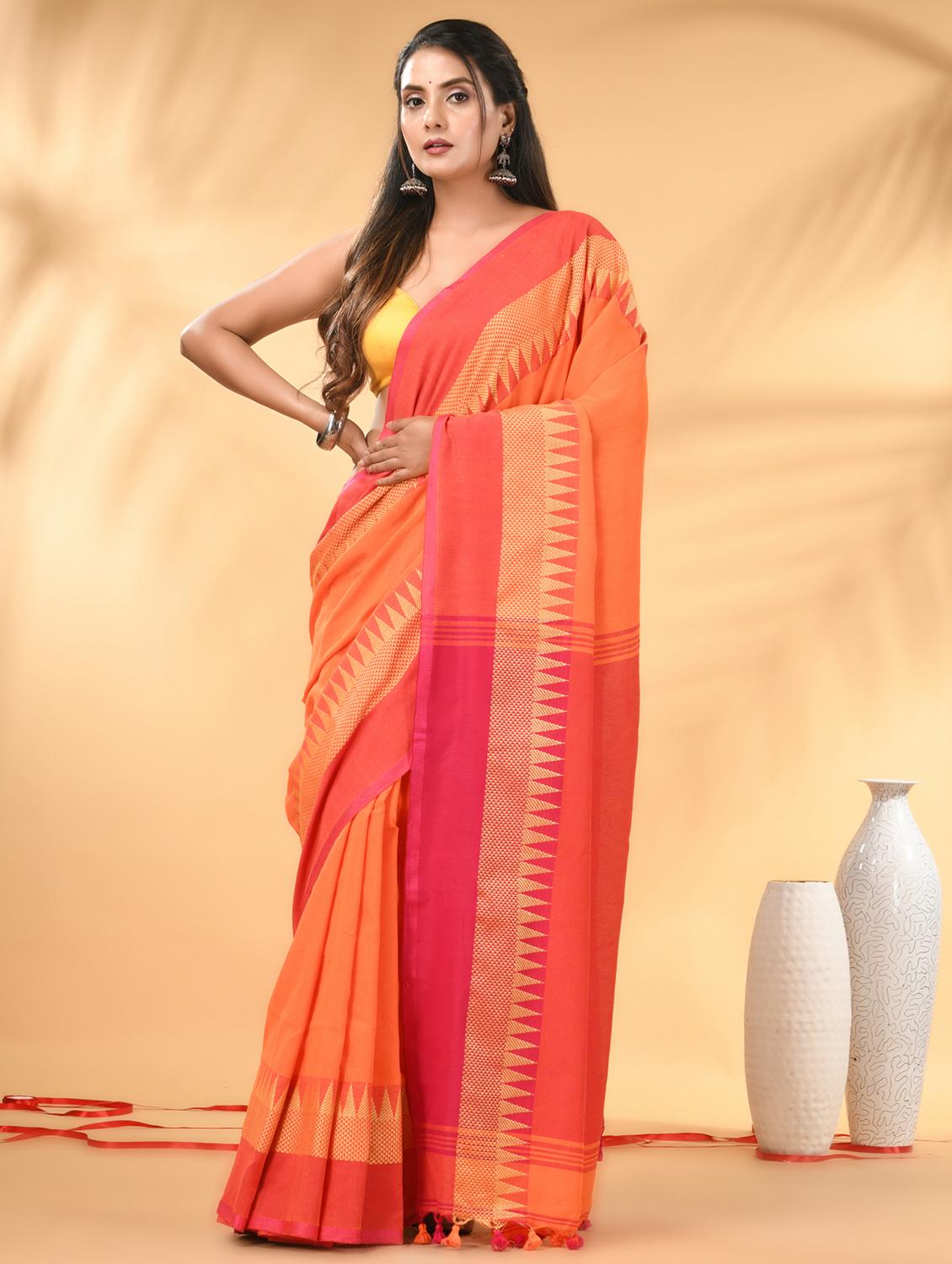 women solid with bordered handloom saree with blouse - 21986963 - Zoom Image - 0