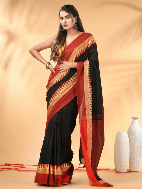 women solid with bordered handloom saree with blouse - 21986967 -  Standard Image - 0