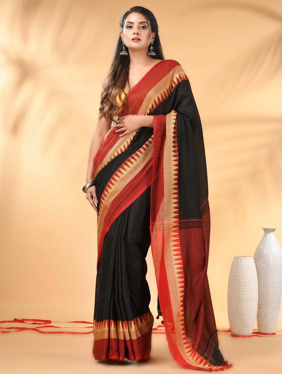 women solid with bordered handloom saree with blouse - 21986967 -  Standard Image - 1