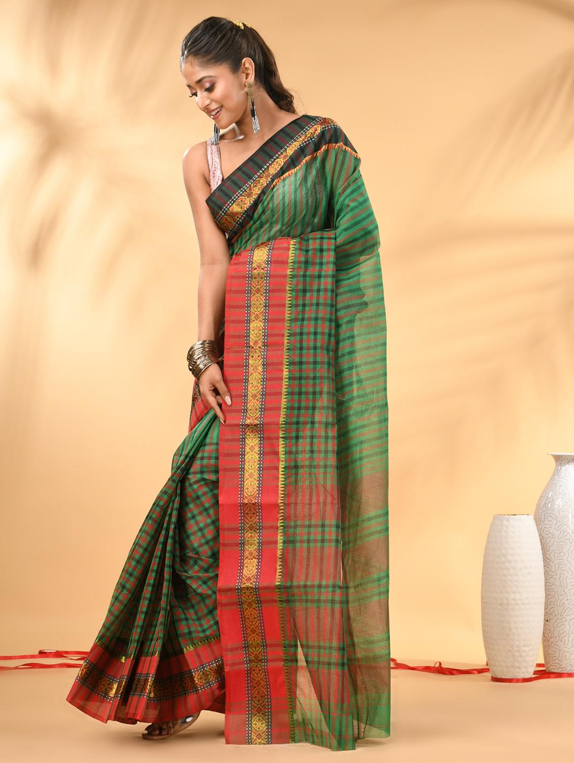 women checkered tant saree - 21987028 -  Standard Image - 1