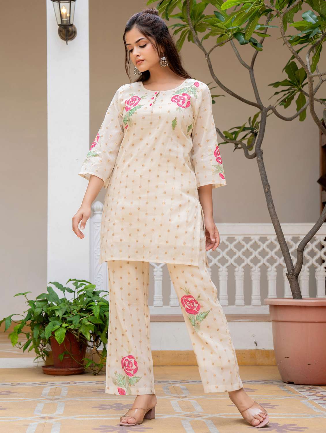 women floral three quarter sleeve ethnic co-ord set - 21987048 - Standard Image - 1