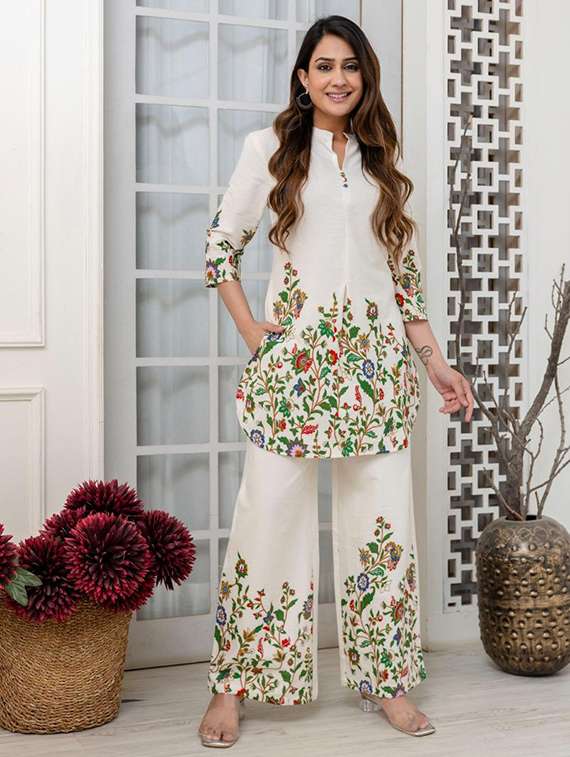 Women Floral Three Quarter Sleeve Ethnic Co Ord Set