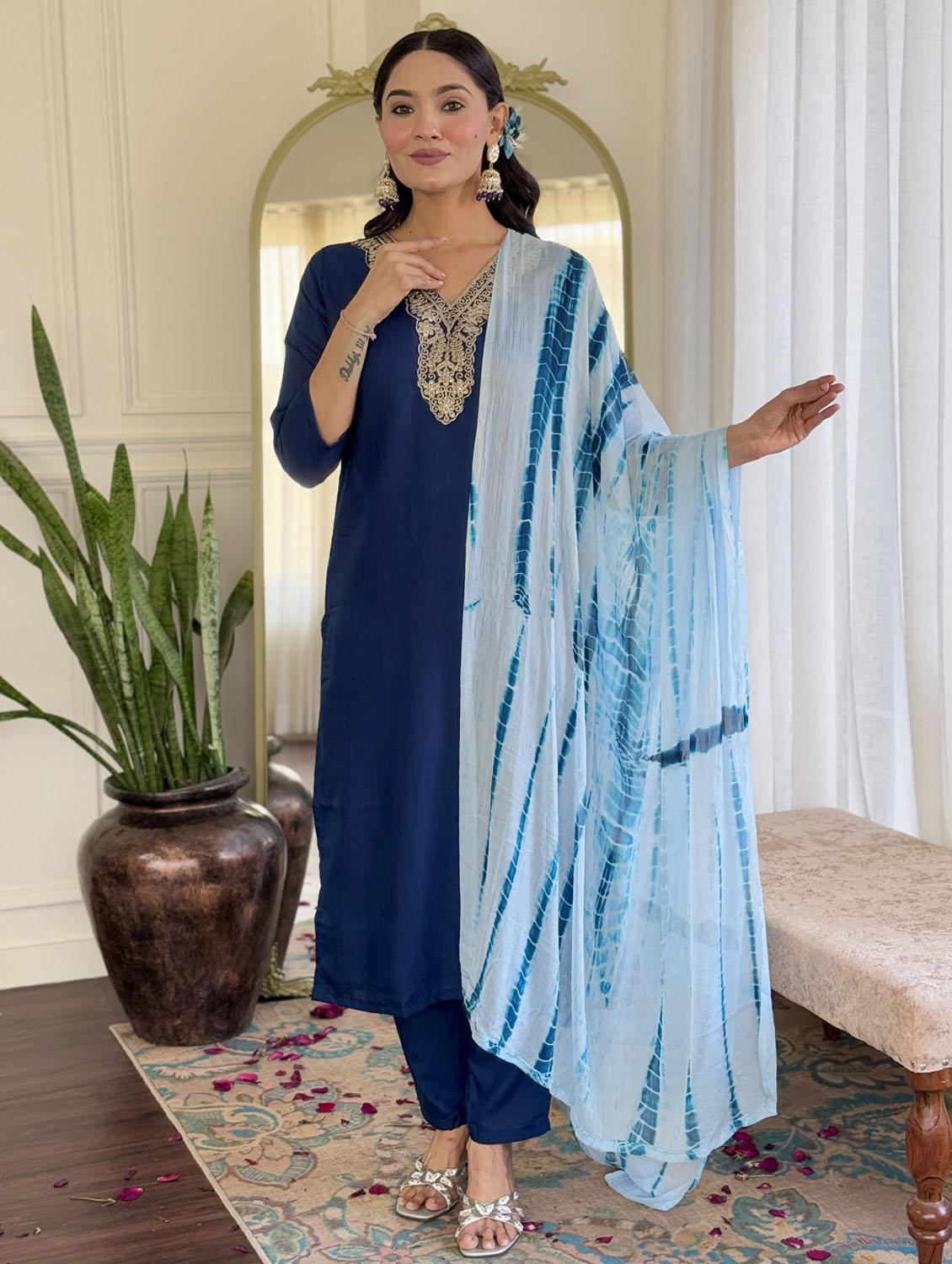 women three quarter sleeve kurta pant with dupatta set - 21987344 - Standard Image - 1