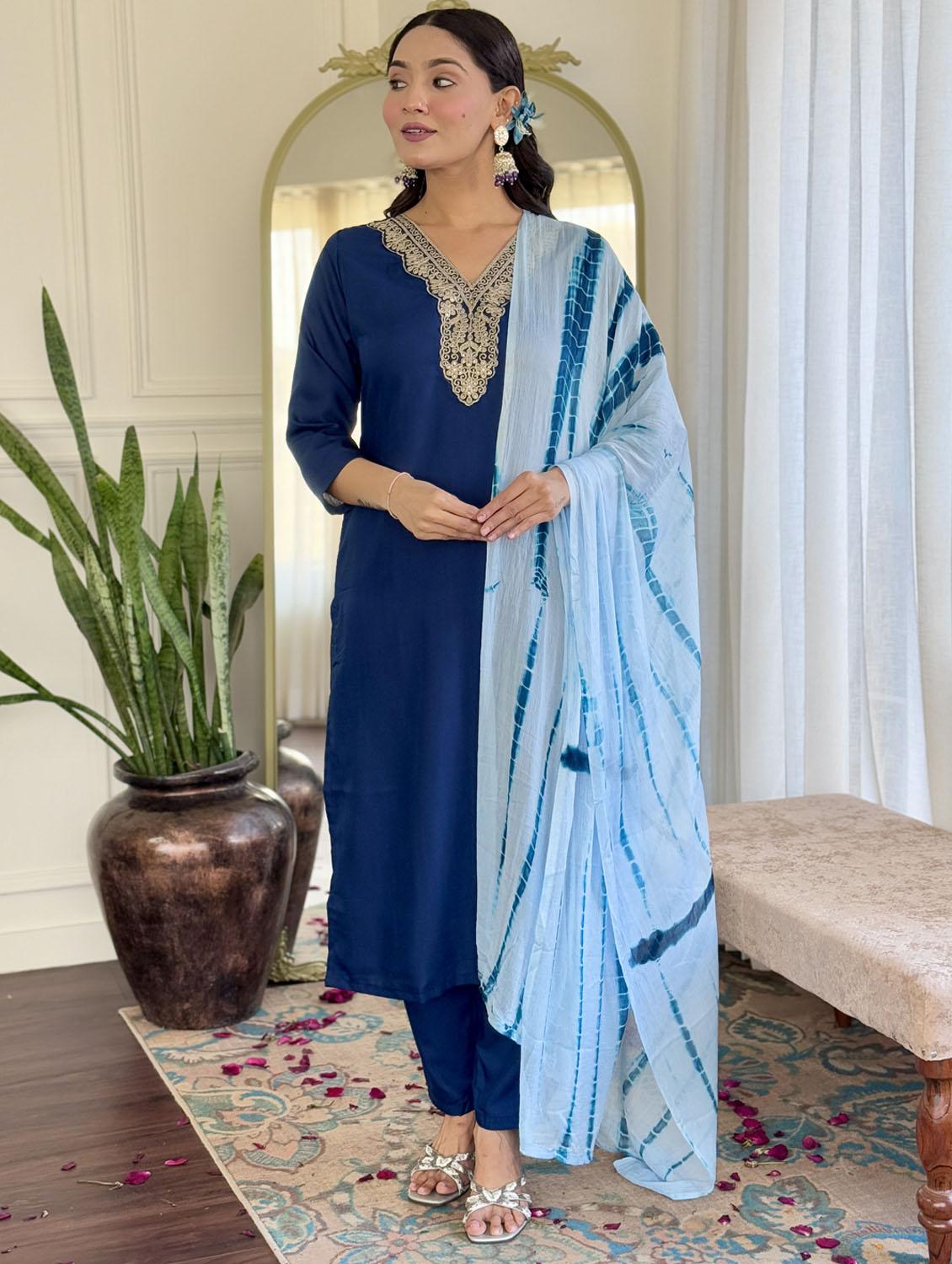 women three quarter sleeve kurta pant with dupatta set - 21987344 - Standard Image - 4