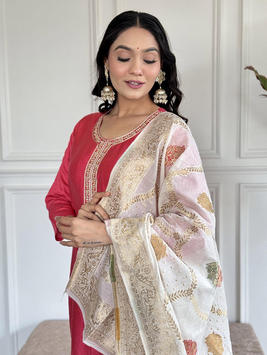 women three quarter sleeve kurta pant with dupatta set - 21987347 - Standard Image - 4