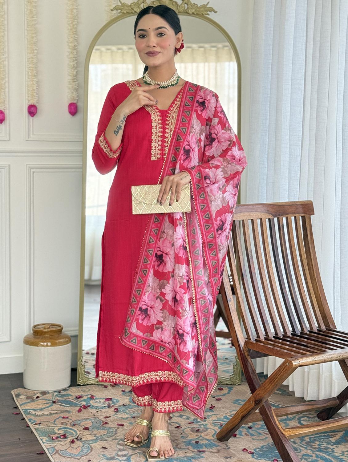 women three quarter sleeve kurta pant with dupatta set - 21987352 -  Standard Image - 1