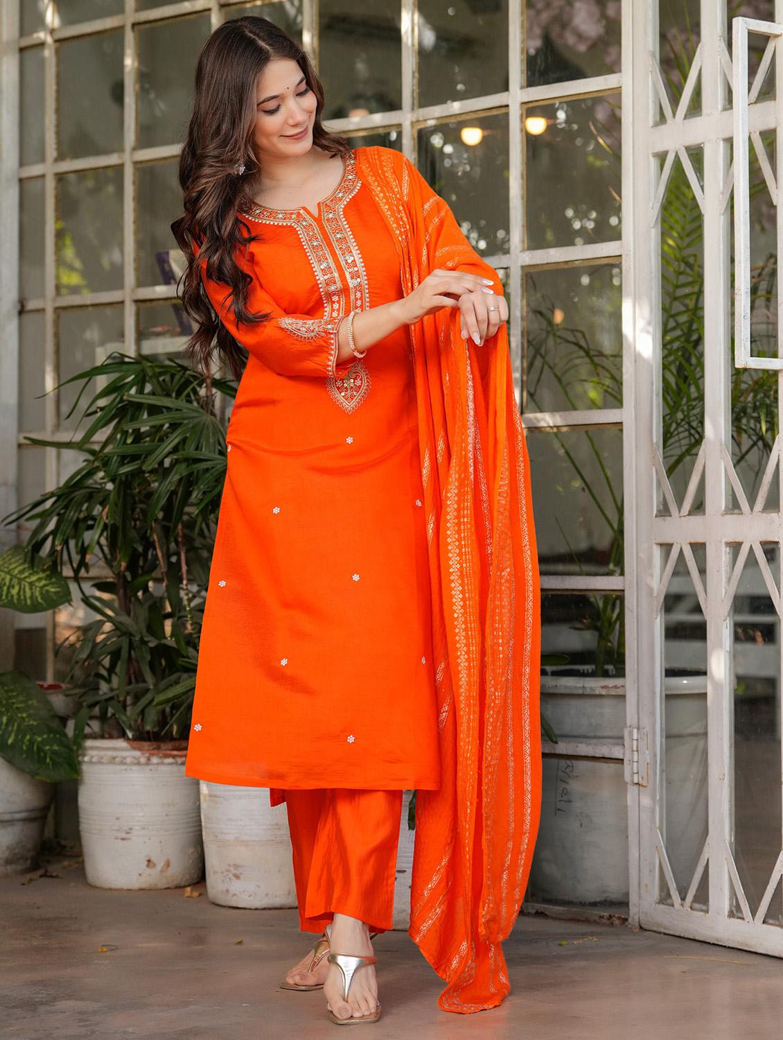 women three quarter sleeve kurta pant with dupatta set - 21987362 - Standard Image - 1