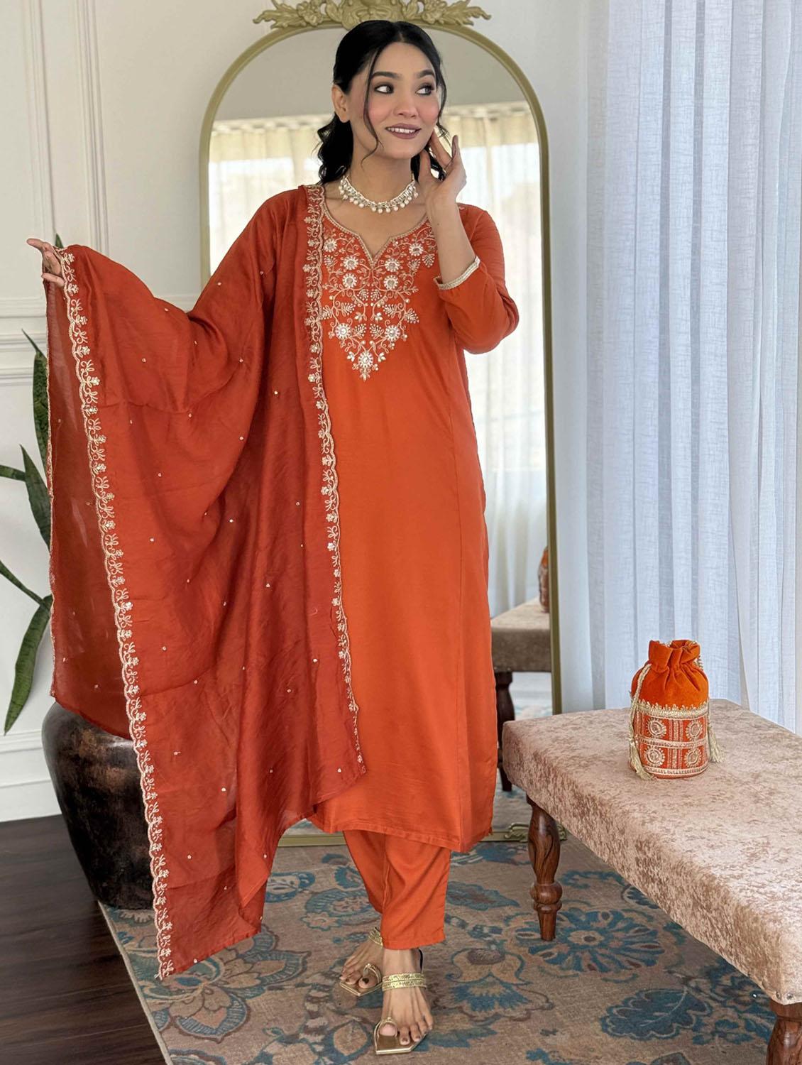 women three quarter sleeve kurta pant with dupatta set - 21987379 -  Standard Image - 1