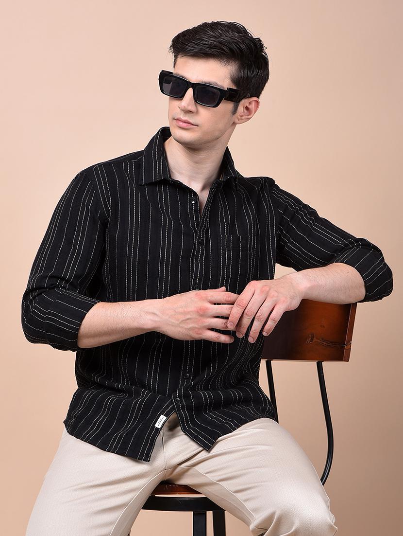 men striped long sleeve slim fit casual shirt