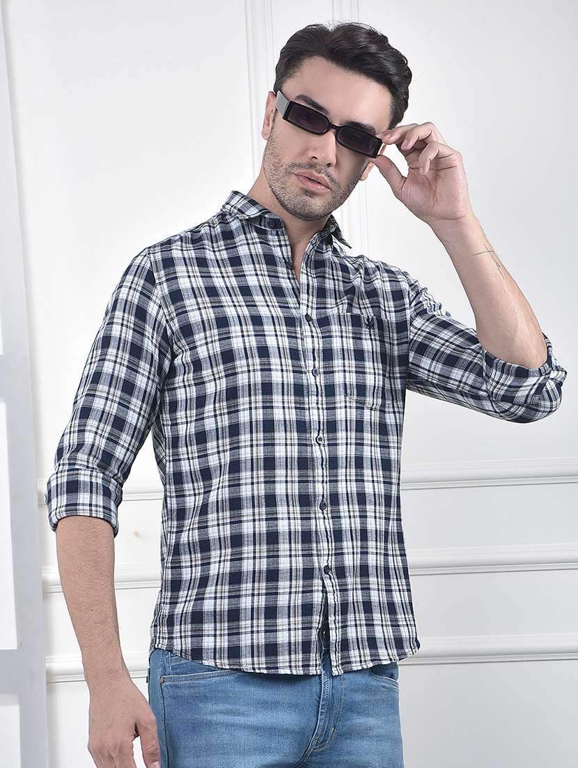 men checkered long sleeve slim fit casual shirt
