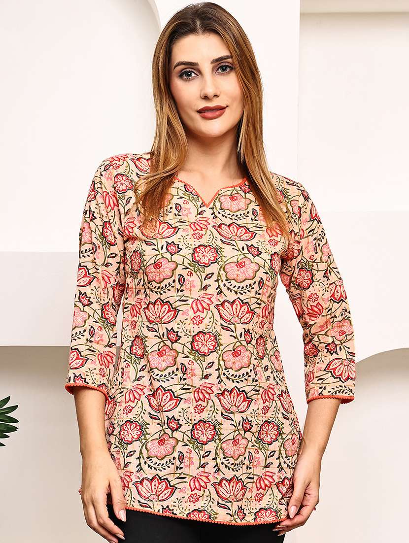 women floral printed three quarter sleeve straight kurti