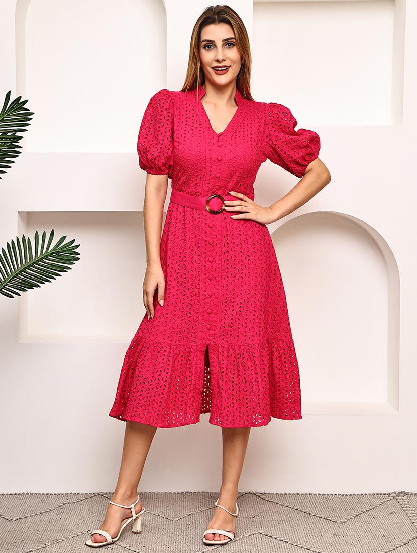 women pink puff sleeve schiffli tiered dress - 21987627 - Standard Image - 1